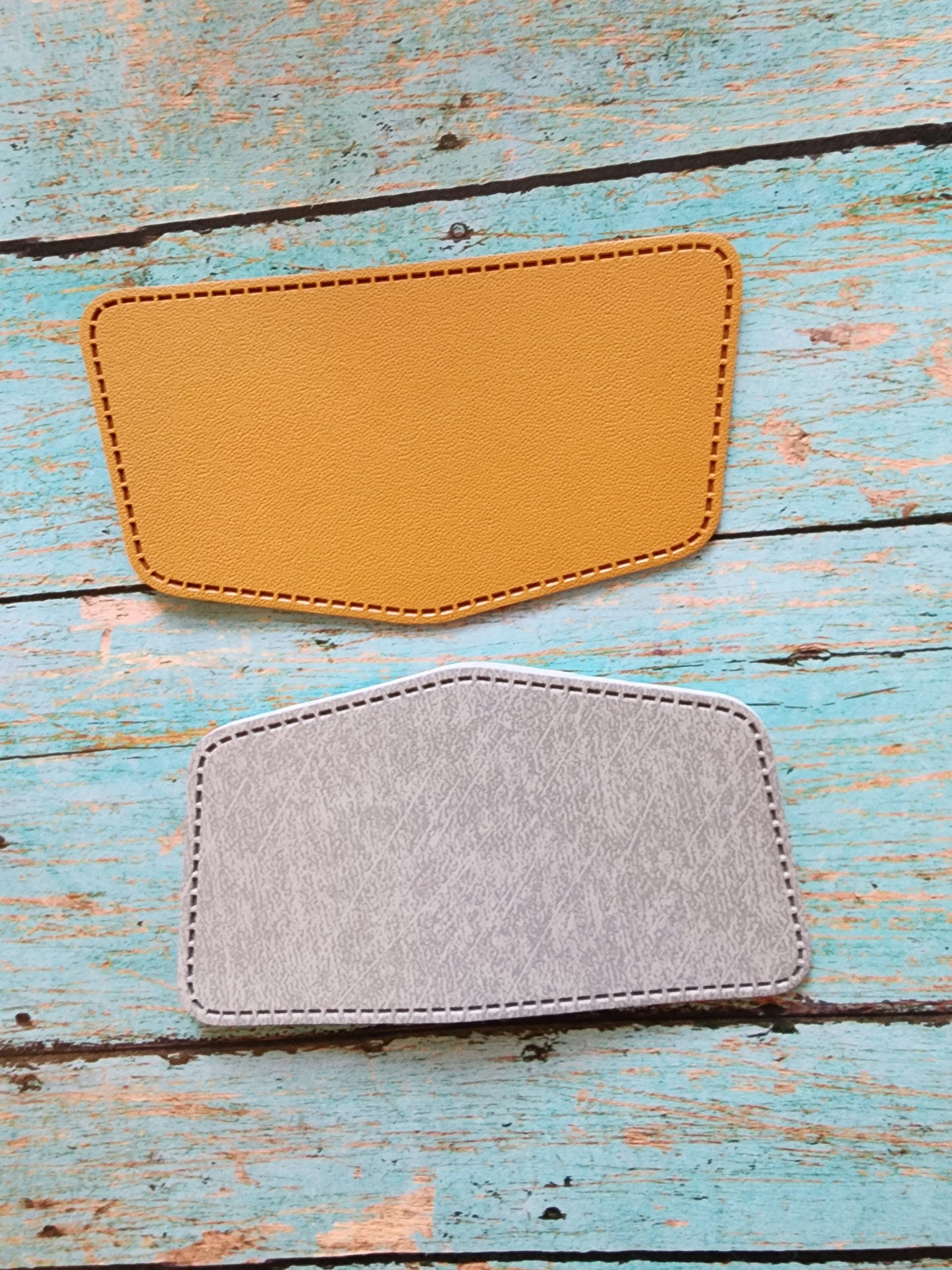Half Hexagon Gray or Tan Faux Leather Hat Patch Sublimation Blank! PU Leather. Laserable!
