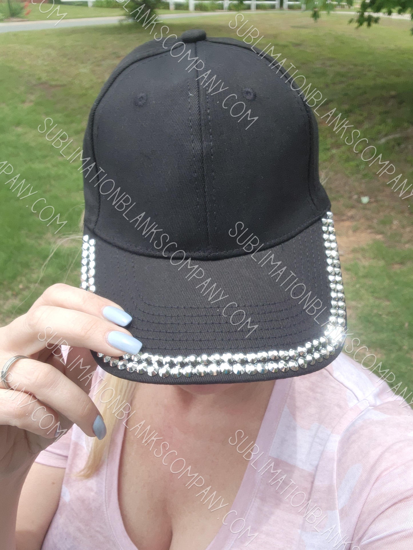 Structured Adjustable Rhinestone Black Hat Baseball Trucker Hat Cap with Slide Buckle