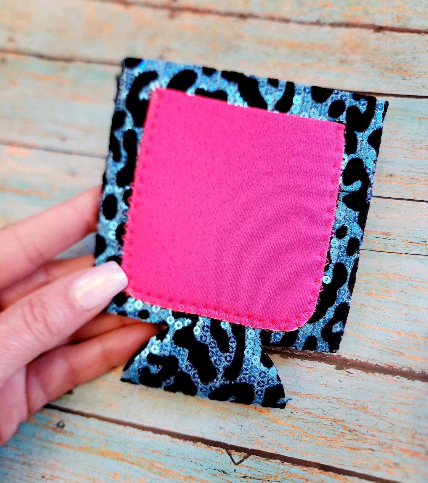 Blue/Black Leopard Sequin Neoprene Coozie with Pink Pocket Sublimation Blank! Can Cooler
