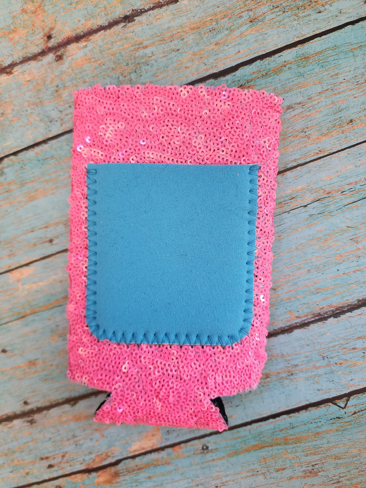 Pink and Leopard Sequin Neoprene Slim Can Coozie with Aqua Pocket Sublimation Blank! Can Cooler