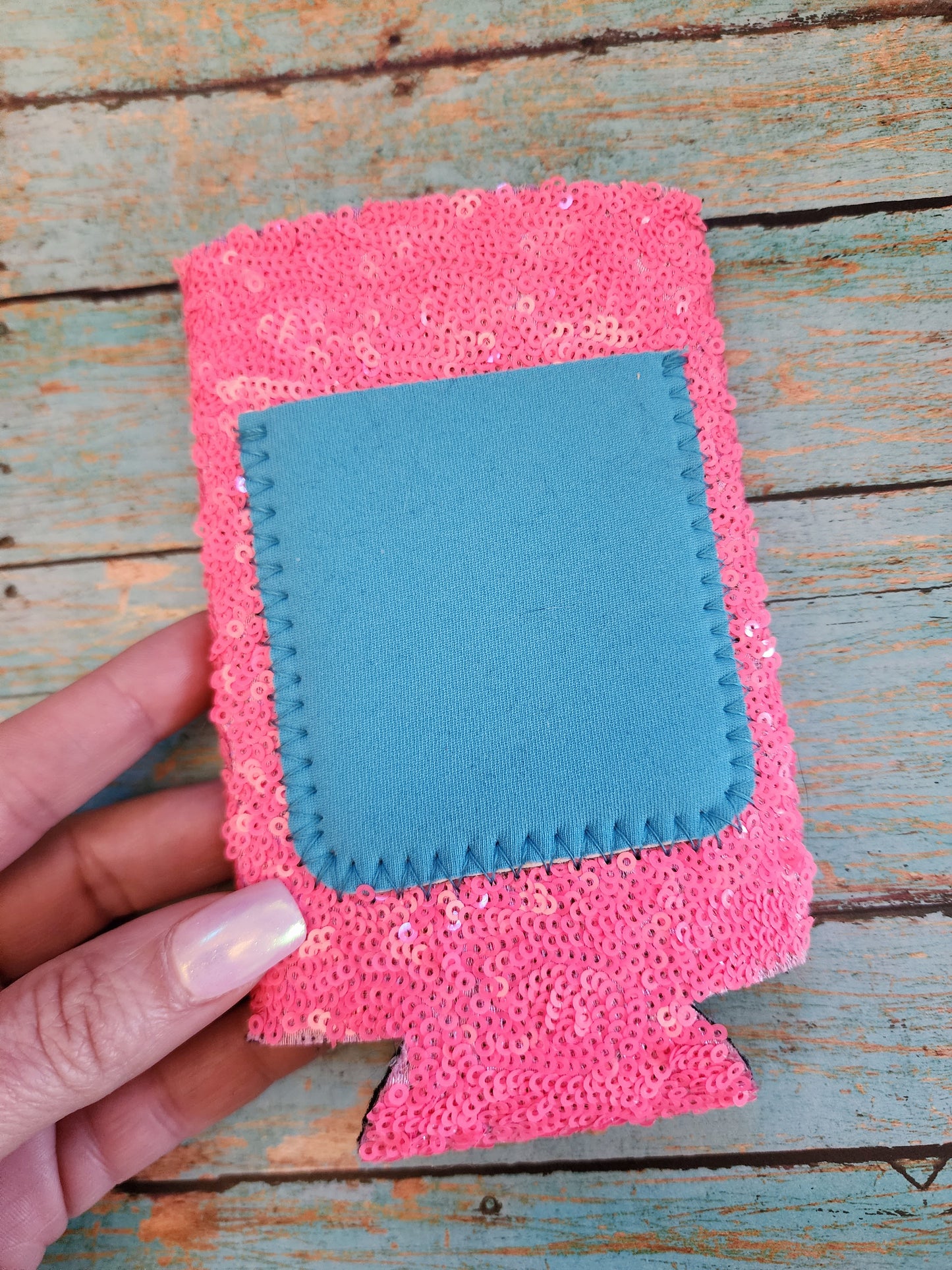 Pink and Leopard Sequin Neoprene Slim Can Coozie with Aqua Pocket Sublimation Blank! Can Cooler