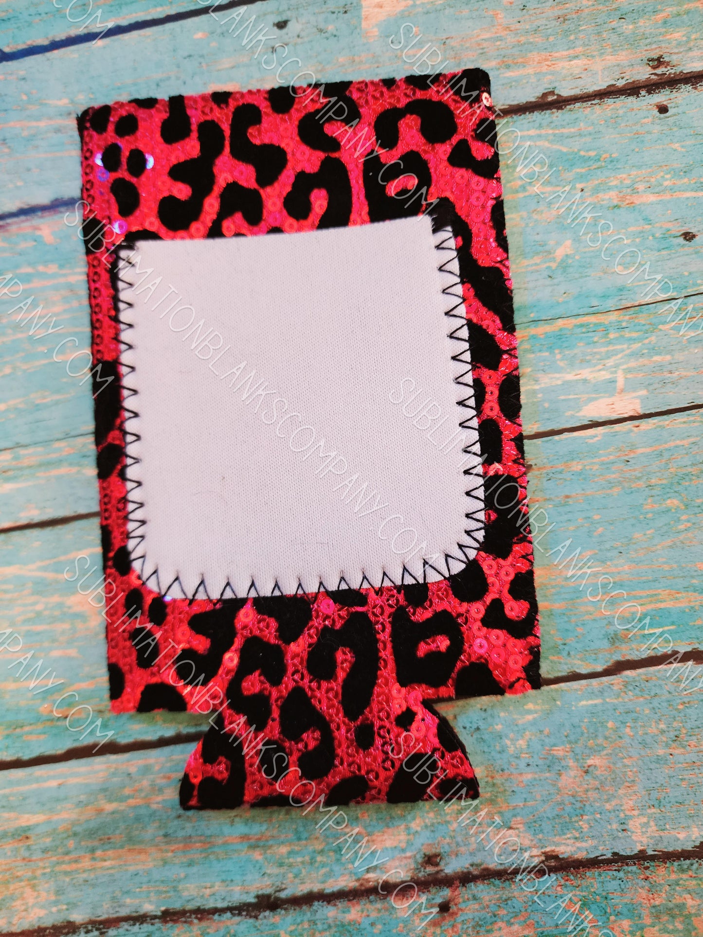 Pink and Leopard Sequin Neoprene Slim Can Coozie with Aqua Pocket Sublimation Blank! Can Cooler