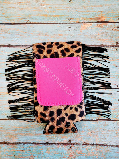 Blank Fringe Tassel Leopard Cheetah Neoprene Slim Can Coozie with Pink Pocket Sublimation Blank! Can Cooler