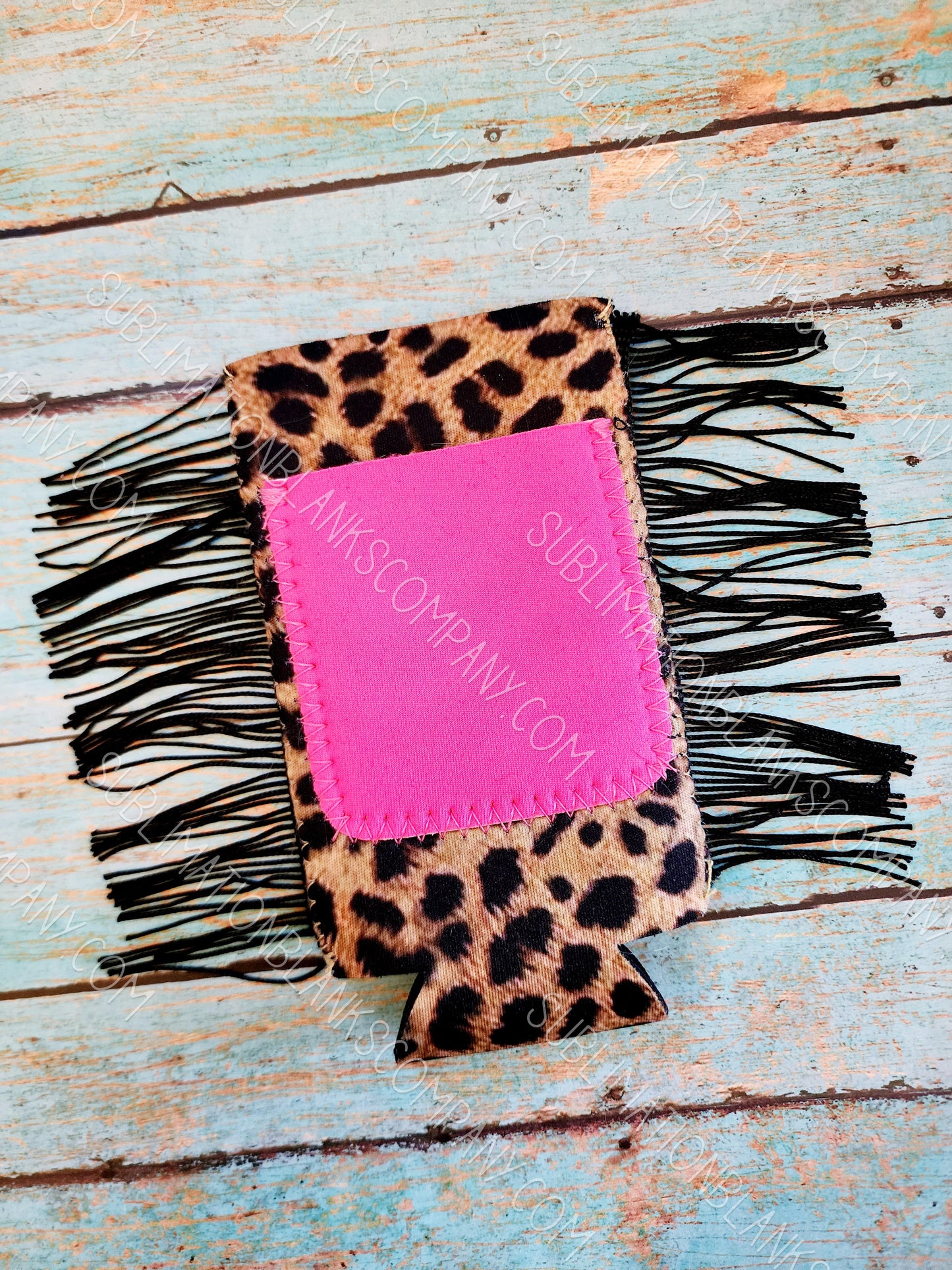Blank Fringe Tassel Leopard Cheetah Neoprene Slim Can Coozie with Pink Pocket Sublimation Blank! Can Cooler