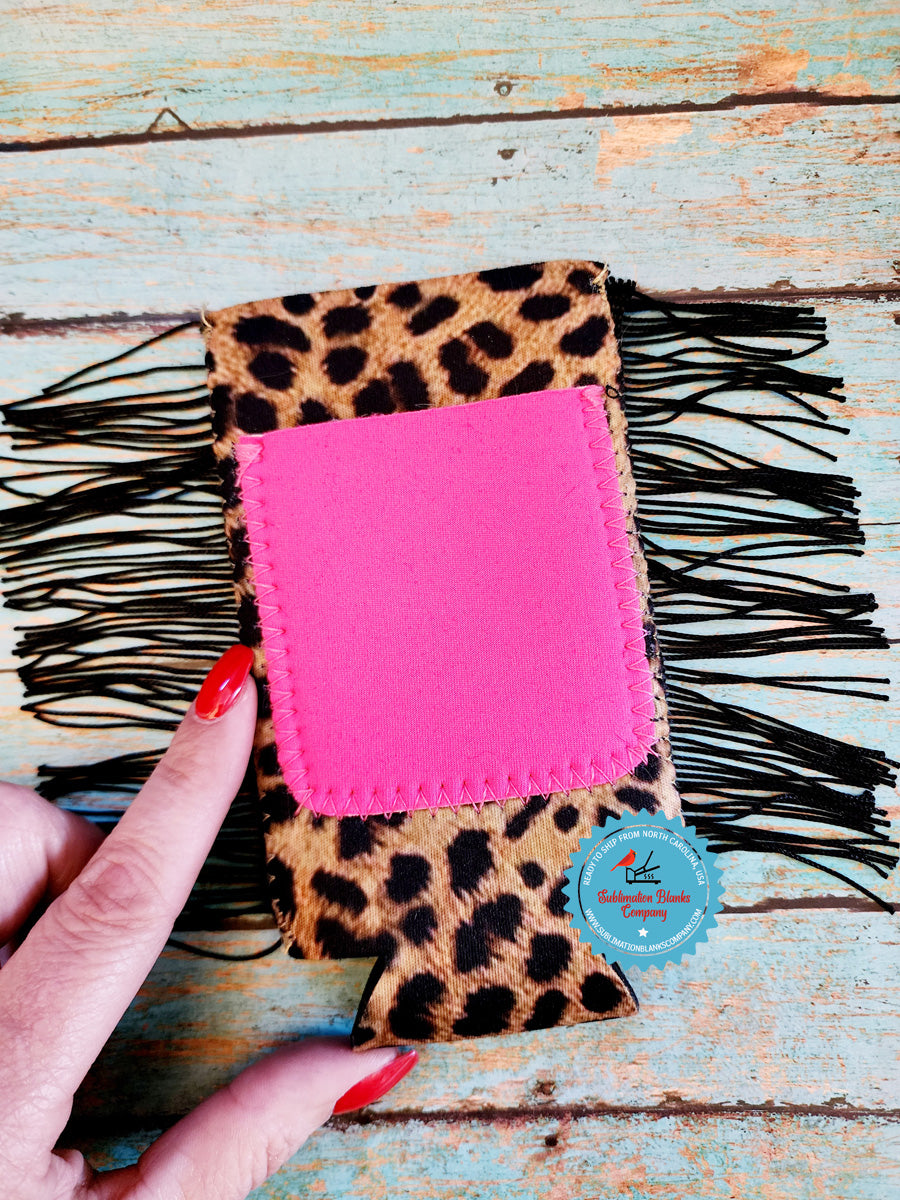 Blank Fringe Tassel Leopard Cheetah Neoprene Slim Can Coozie with Pink Pocket Sublimation Blank! Can Cooler
