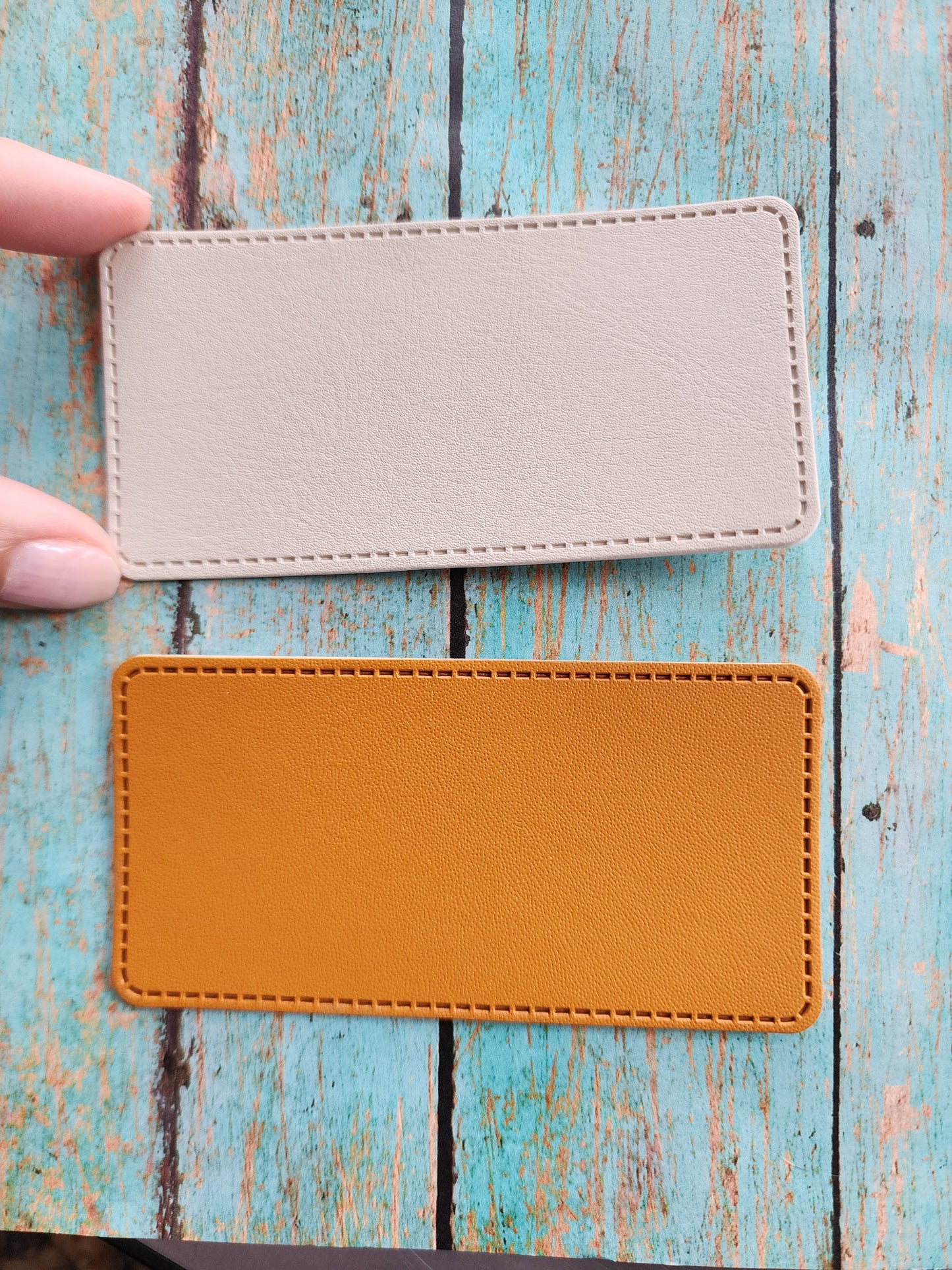 Elongated Skinny Rectangle 4" x 2" Retro Sandstone or Tan Leather Hat Patch Sublimation Blank! Laserable!