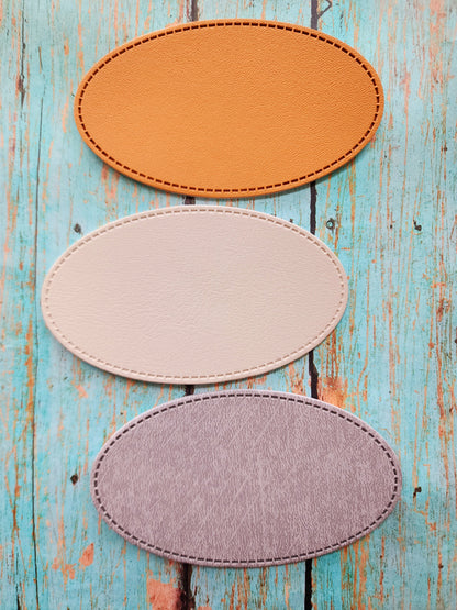 Oval 4" Faux Leather Hat Patch Sublimation Blank! PU Leather. Tan-Grey-Sand. Laserable!