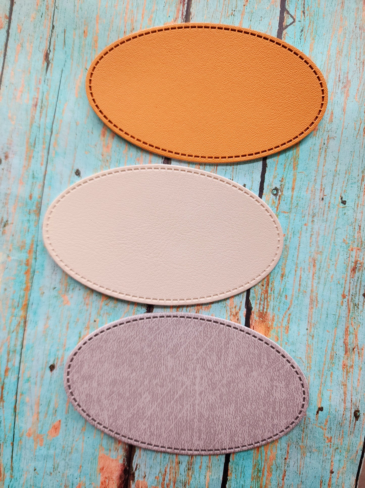 Oval 4" Faux Leather Hat Patch Sublimation Blank! PU Leather. Tan-Grey-Sand. Laserable!