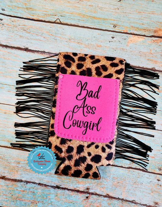 Blank Fringe Tassel Leopard Cheetah Neoprene Slim Can Coozie with Pink Pocket Sublimation Blank! Can Cooler