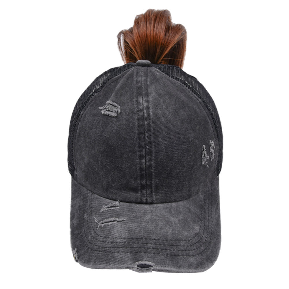 Distressed Ponytail Slit Back Baseball Trucker Hat Cap
