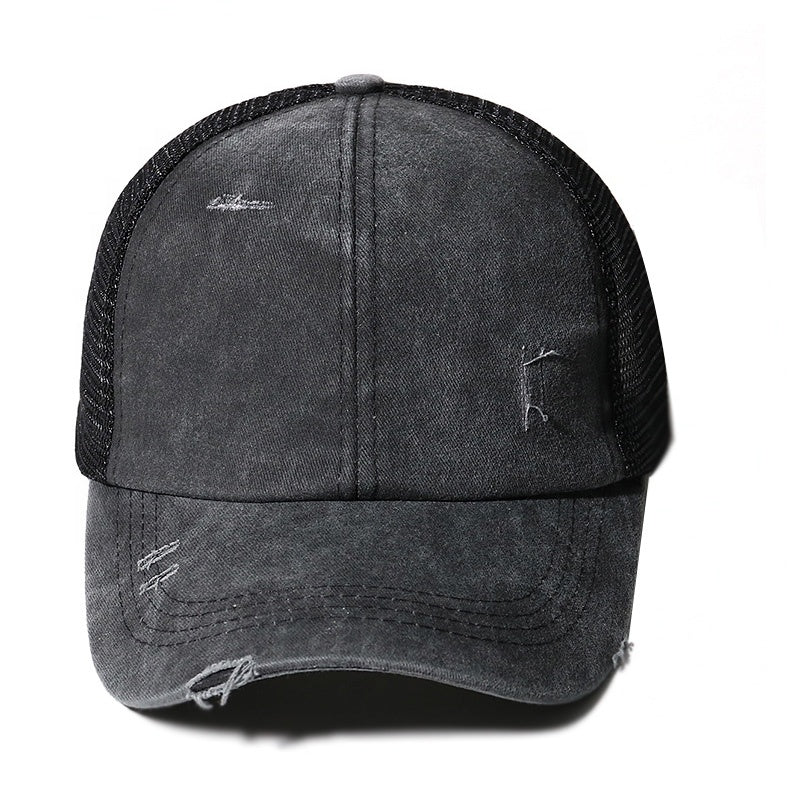 Distressed Ponytail Slit Back Baseball Trucker Hat Cap