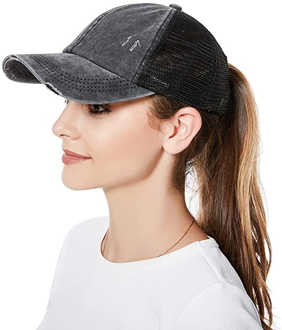 Distressed Ponytail Slit Back Baseball Trucker Hat Cap