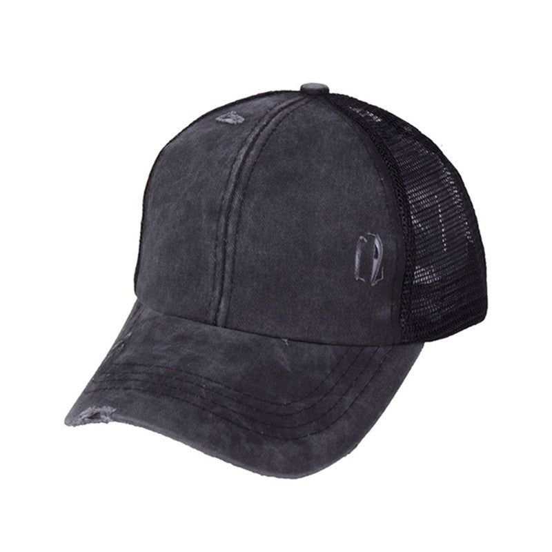 Distressed Ponytail Slit Back Baseball Trucker Hat Cap