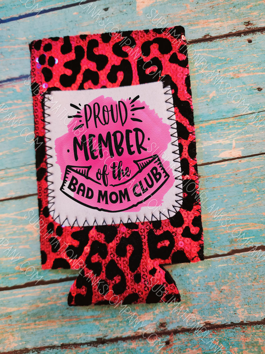 Pink and Leopard Sequin Neoprene Slim Can Coozie with Aqua Pocket Sublimation Blank! Can Cooler