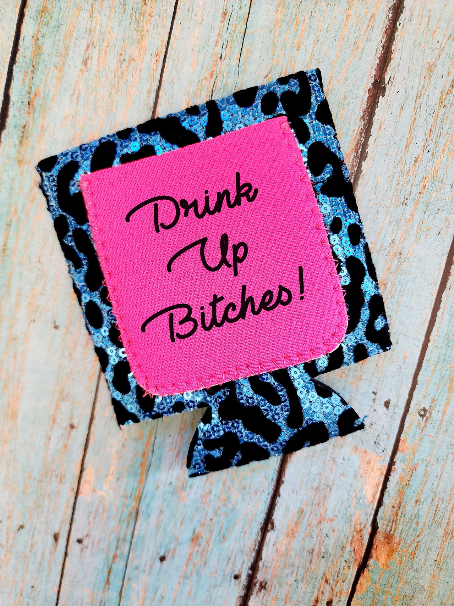 Blue/Black Leopard Sequin Neoprene Coozie with Pink Pocket Sublimation Blank! Can Cooler