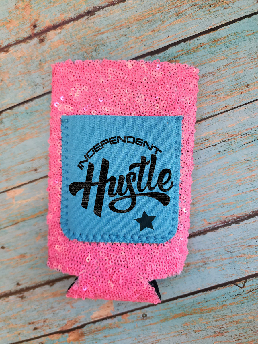 Pink and Leopard Sequin Neoprene Slim Can Coozie with Aqua Pocket Sublimation Blank! Can Cooler