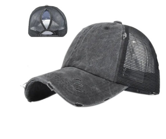 Distressed Ponytail Slit Back Baseball Trucker Hat Cap