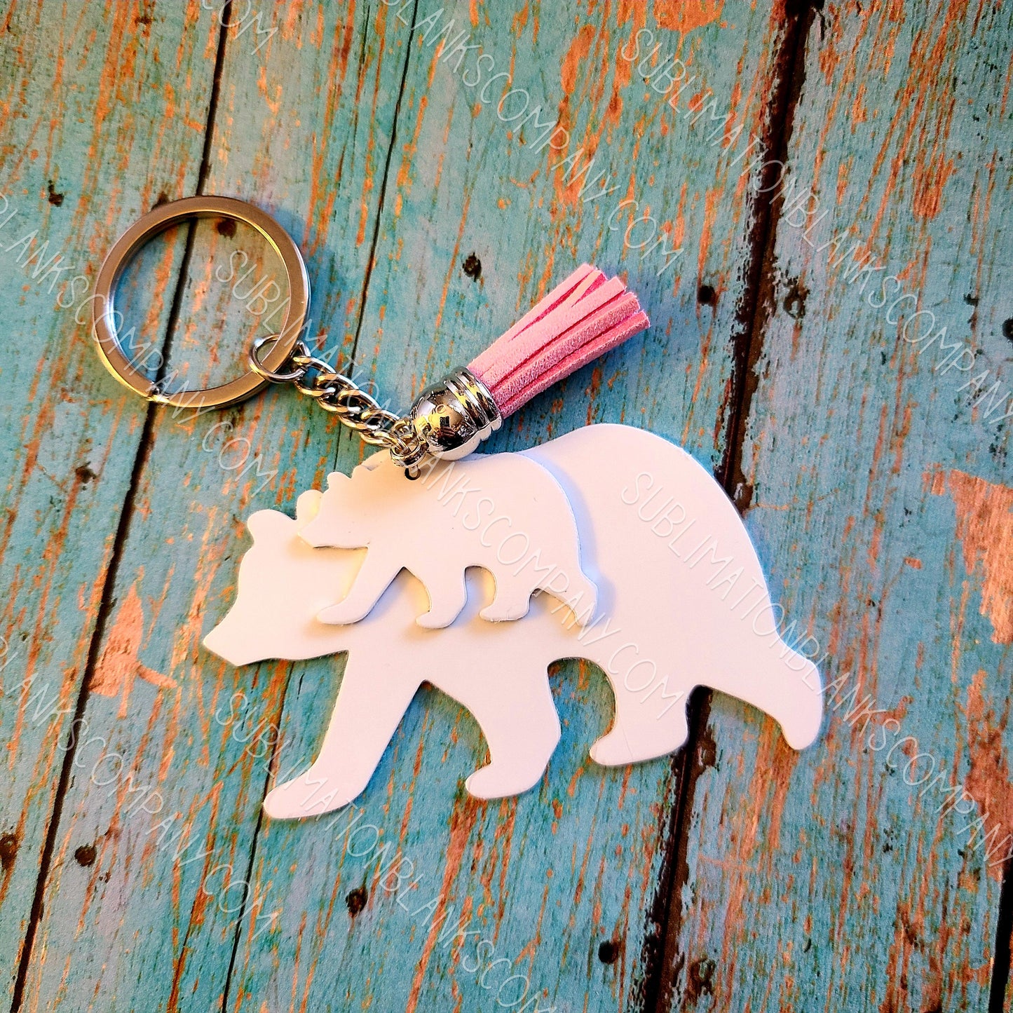 Mama Bear with Tassel and Baby Bear Aluminum Keychain with Key Ring Sublimation Blank. Laserable!