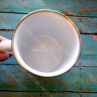 BULK BUY! FOUR 12 oz Enamel Sublimation Camp Coffee Mugs with Silver Top Rims