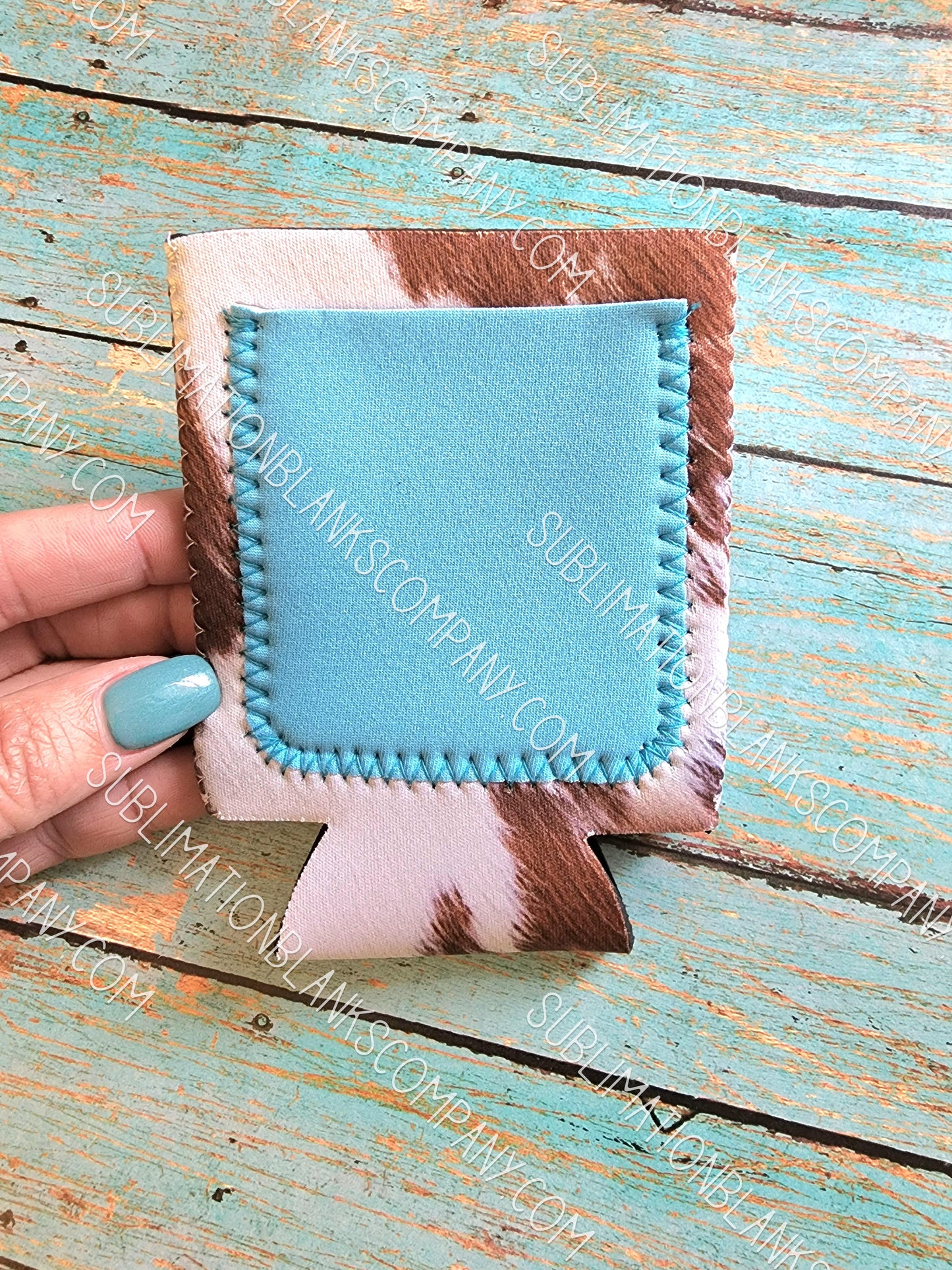 Cow Print Neoprene Coozie with Blue Pocket Sublimation Blank! Can Cooler