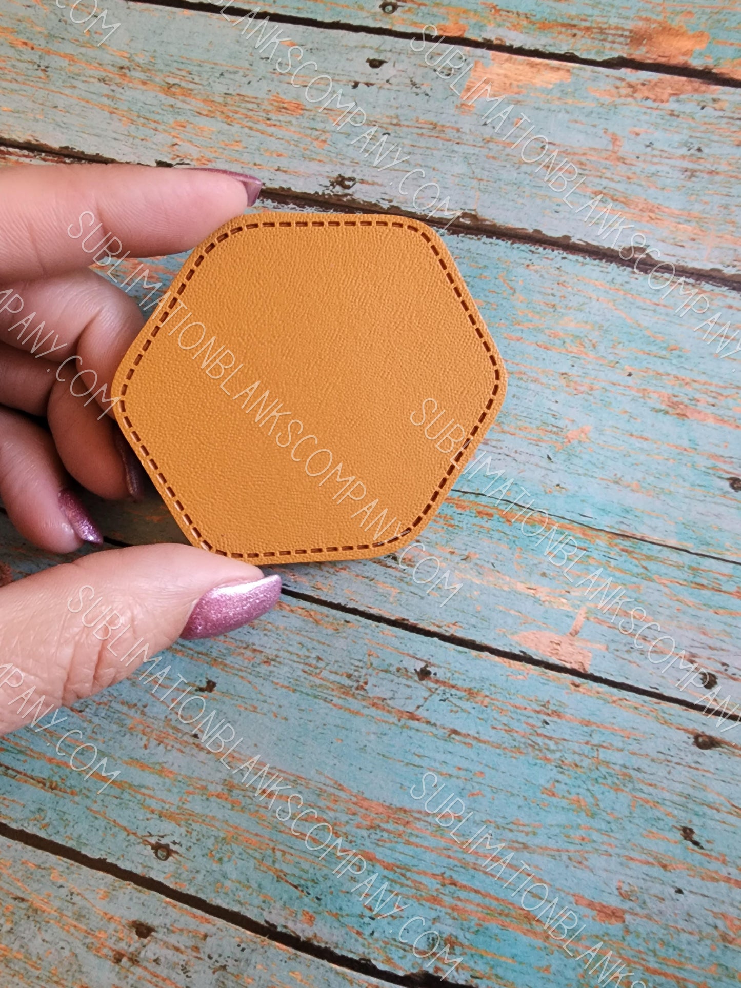 Hexagon Tan Faux Leather Hat Patch Sublimation Blank! 2.5"! PU Leather. Laserable!