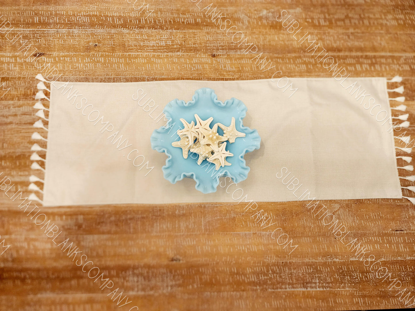 2-sided Farmhouse Burlap Linen Table Runner Sublimation Blank with Tassel Trim!