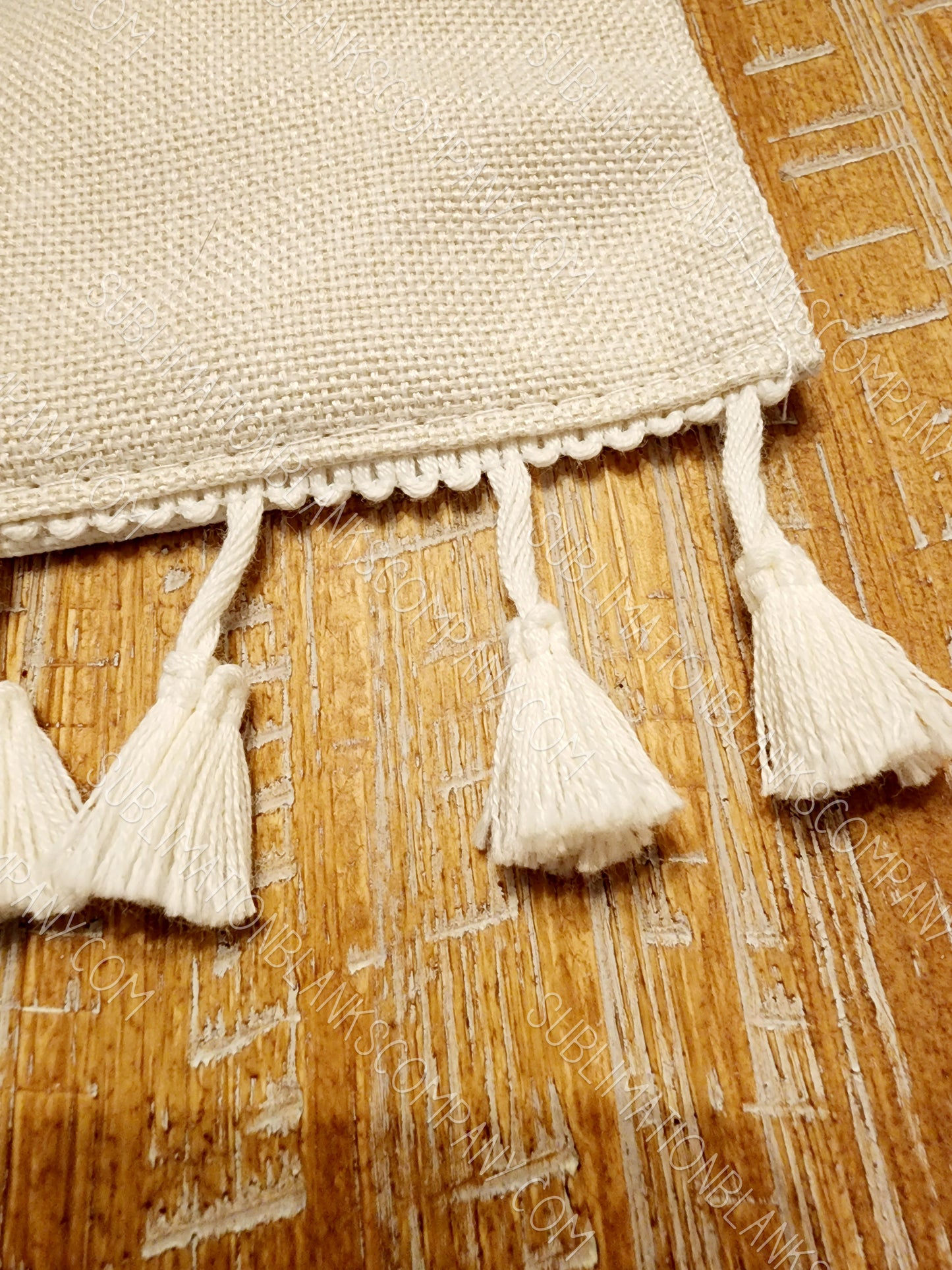 2-sided Farmhouse Burlap Linen Table Runner Sublimation Blank with Tassel Trim!