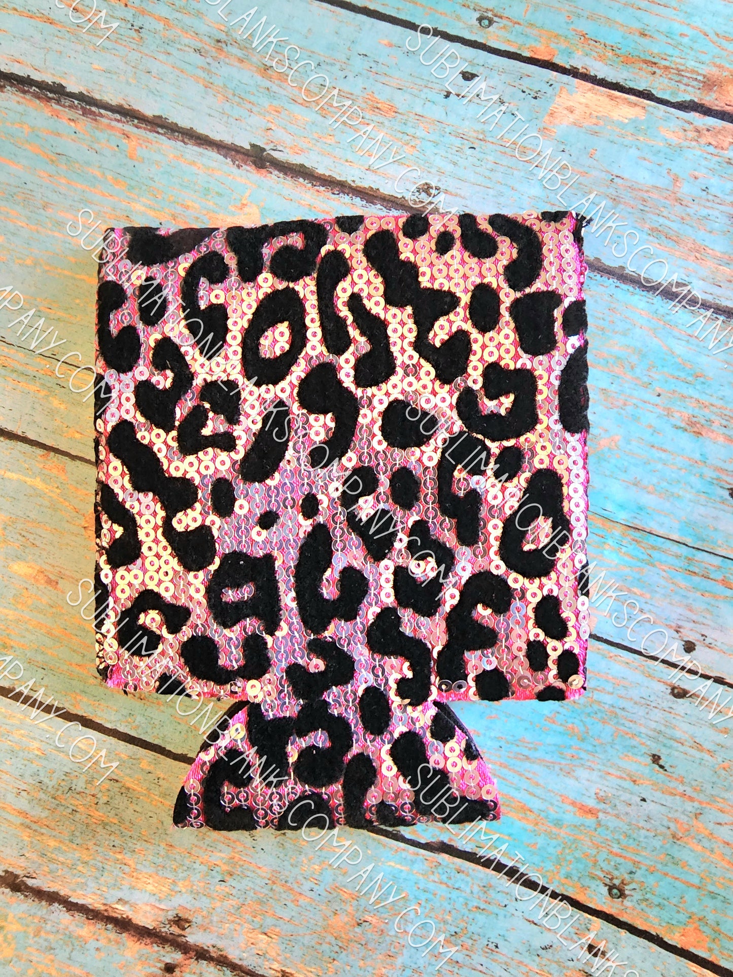 Pink & Black Leopard Sequin Neoprene Koozie with White Pocket Sublimation Blank! Can Cooler