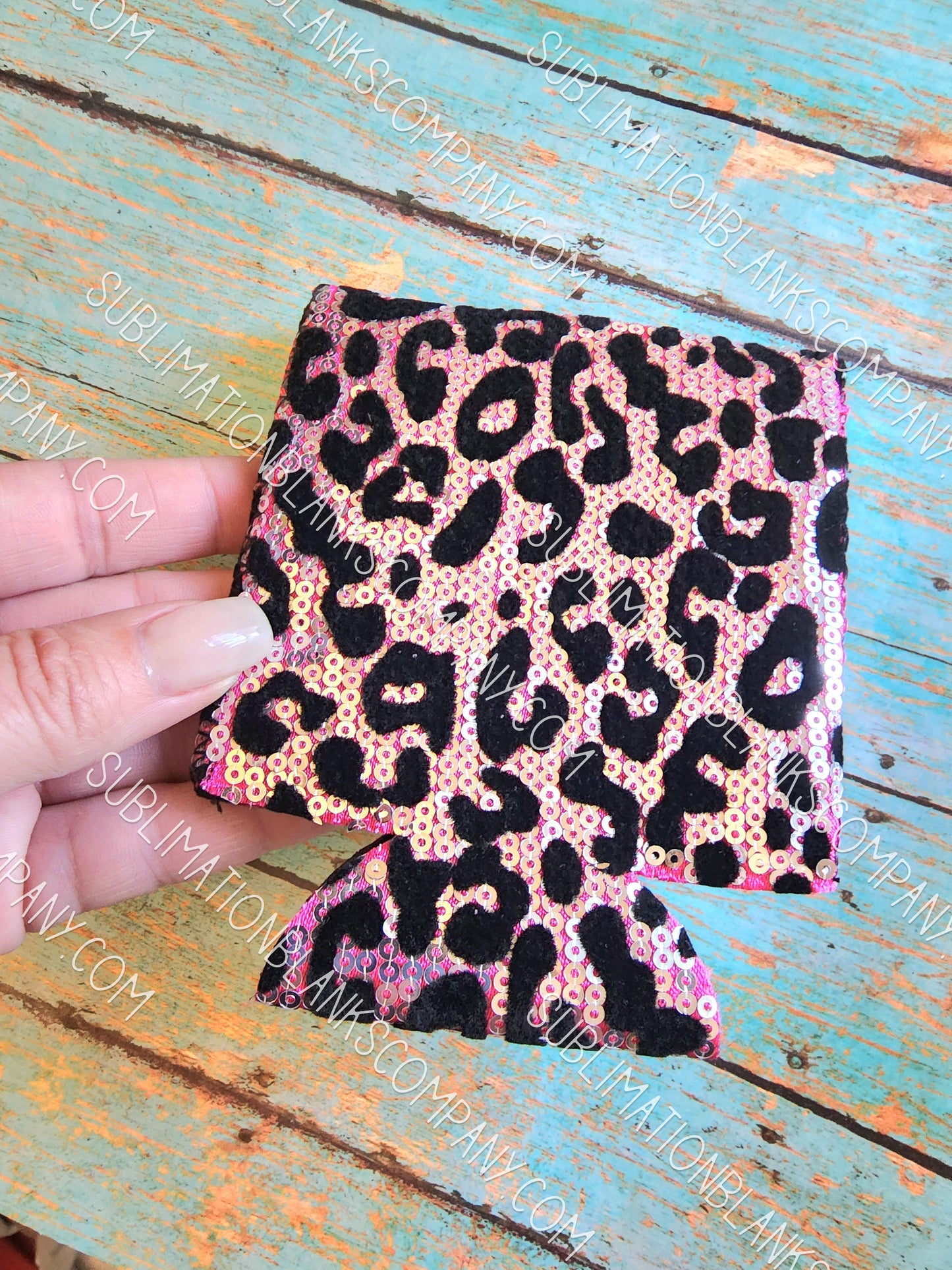Pink & Black Leopard Sequin Neoprene Koozie with White Pocket Sublimation Blank! Can Cooler