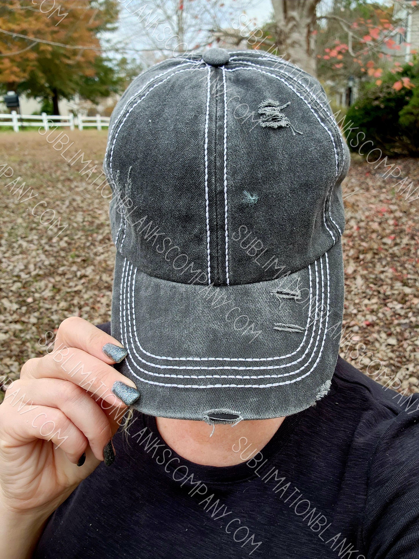 Distressed Adjustable White Thread Trim Unisex Baseball Trucker Hat Cap with Slide Buckle