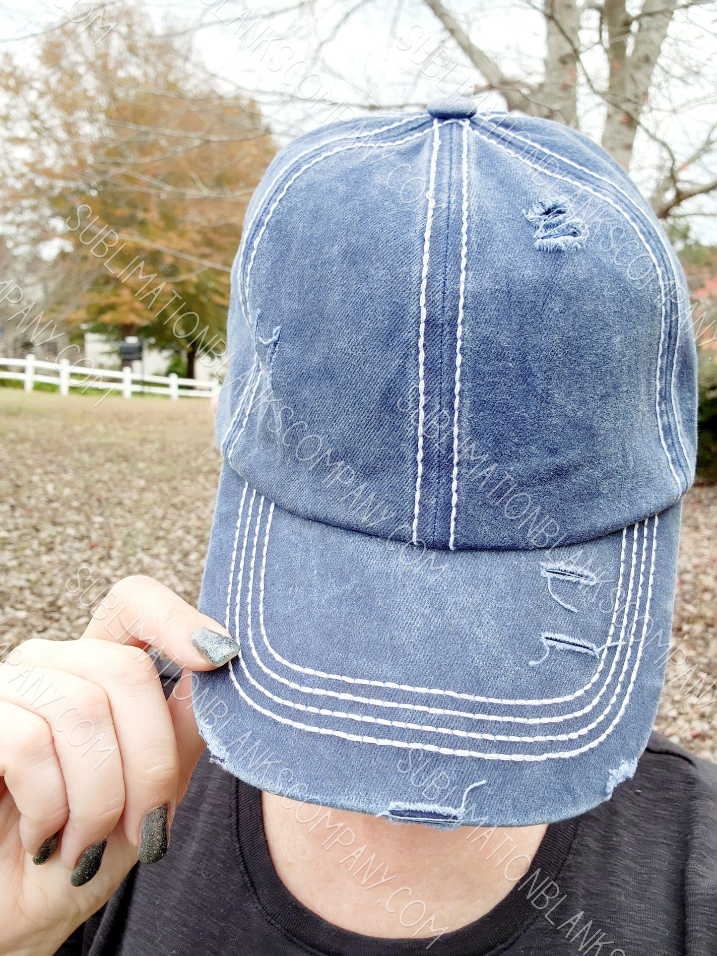 Distressed Adjustable White Thread Trim Unisex Baseball Trucker Hat Cap with Slide Buckle