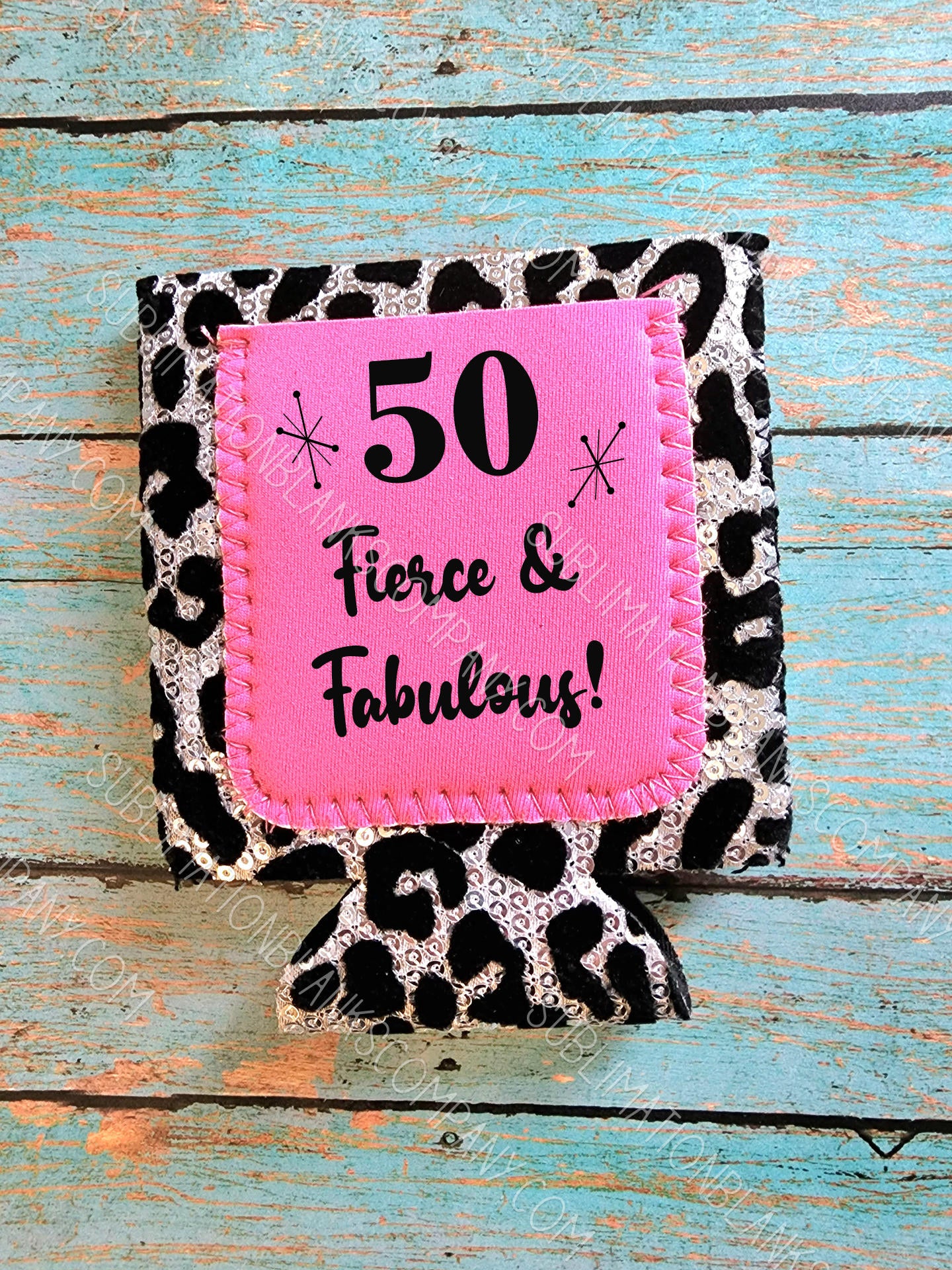 Black/Silver Leopard Sequin Neoprene Coozie with Pink Pocket Sublimation Blank! Can Cooler