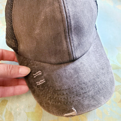 Distressed Ponytail Slit Back Baseball Trucker Hat Cap