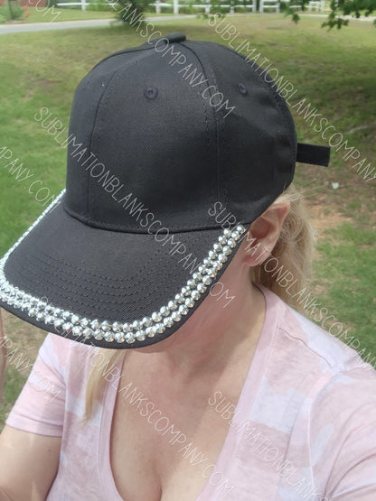 Structured Adjustable Rhinestone Black Hat Baseball Trucker Hat Cap with Slide Buckle