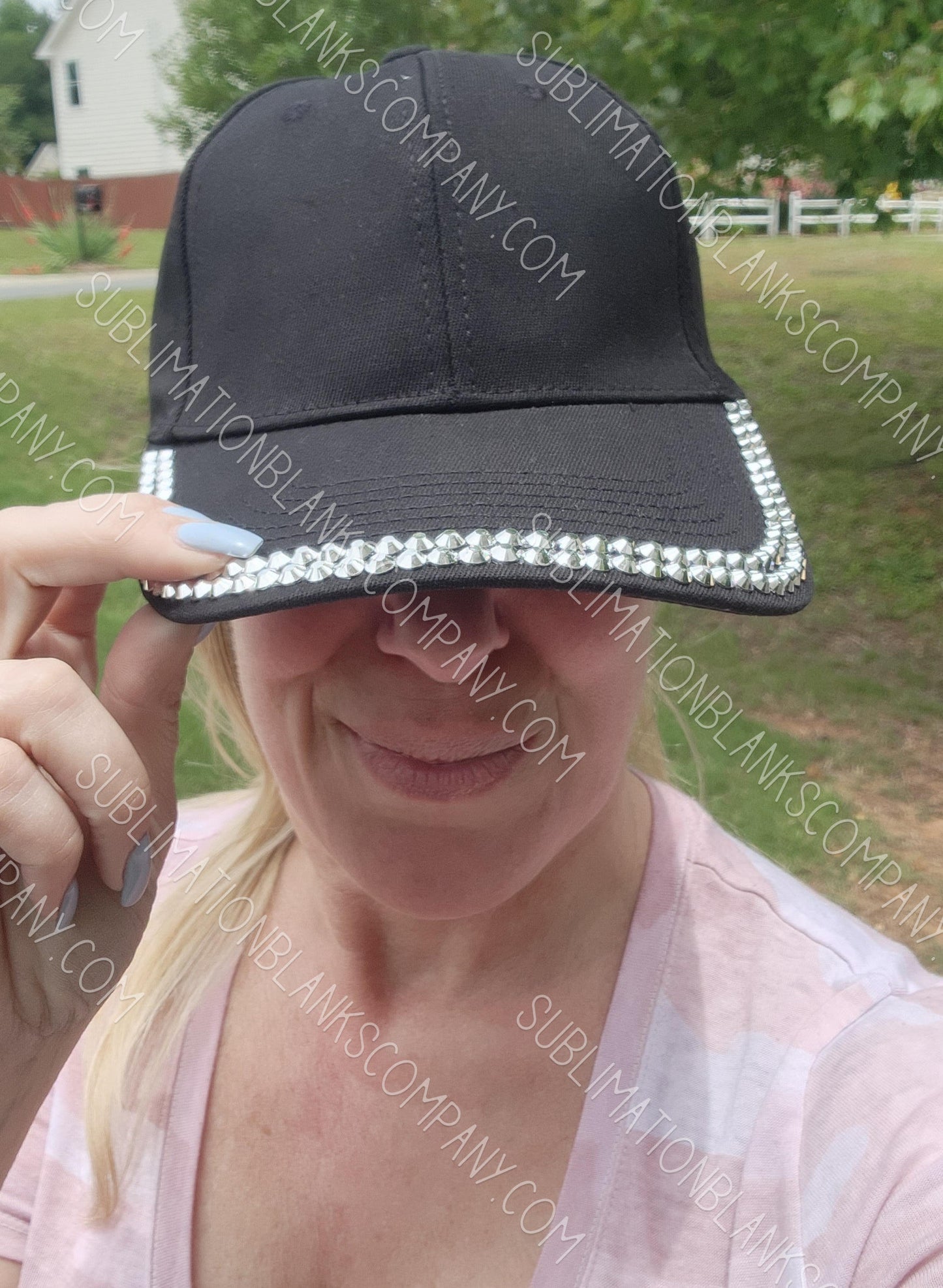 Structured Adjustable Rhinestone Black Hat Baseball Trucker Hat Cap with Slide Buckle