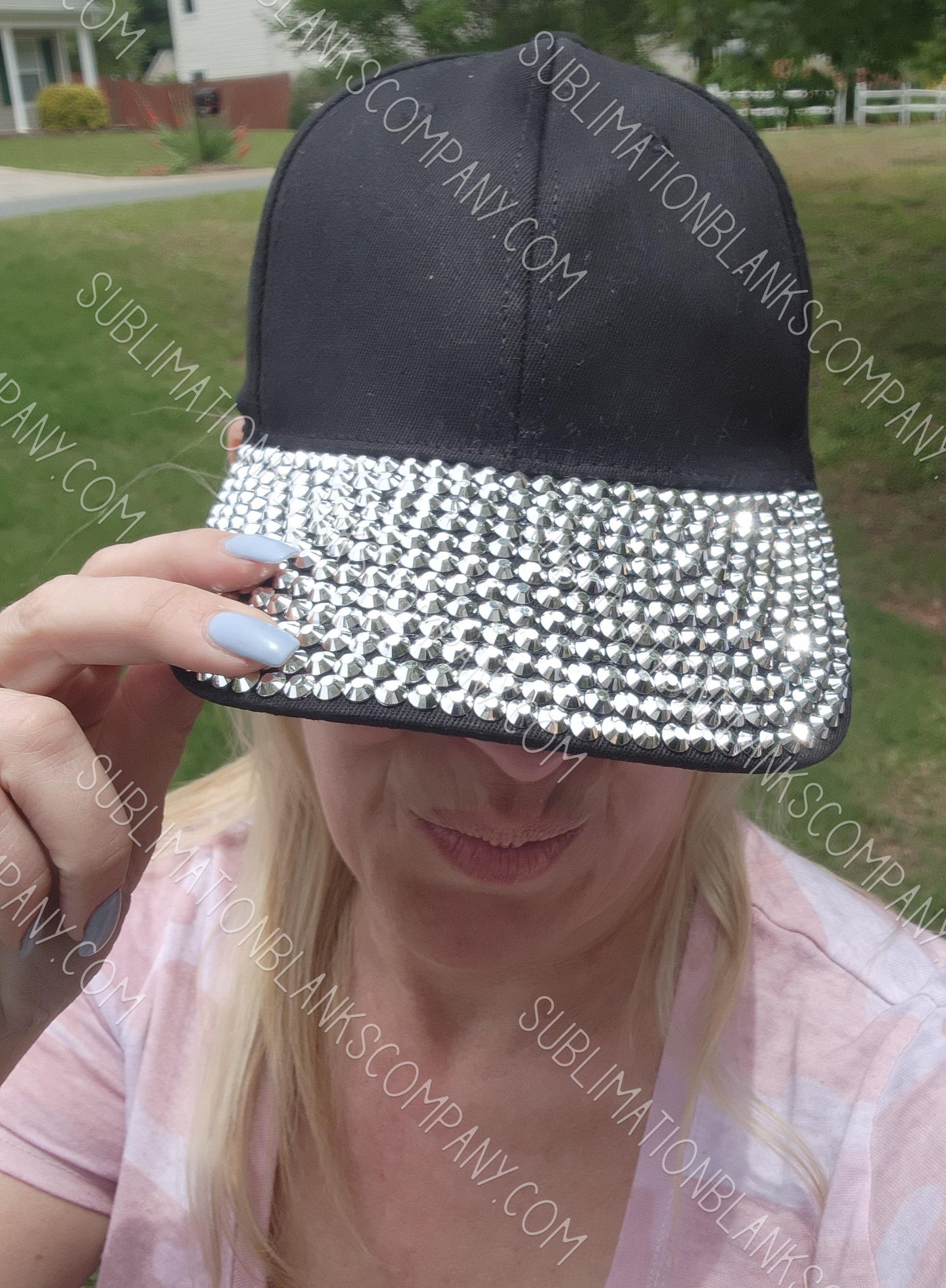 Structured Adjustable Rhinestone Black Hat Baseball Trucker Hat Cap with Slide Buckle