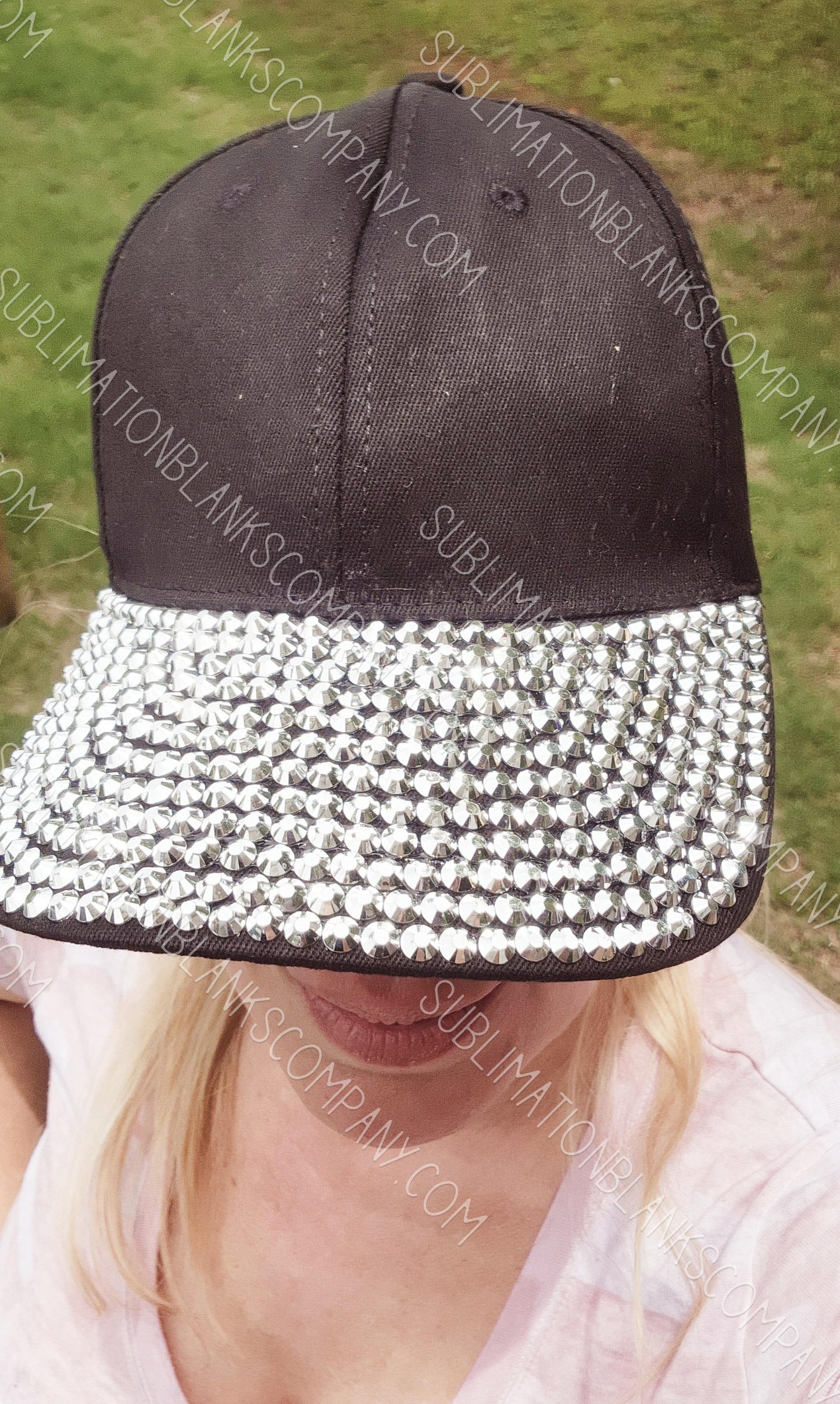 Structured Adjustable Rhinestone Black Hat Baseball Trucker Hat Cap with Slide Buckle