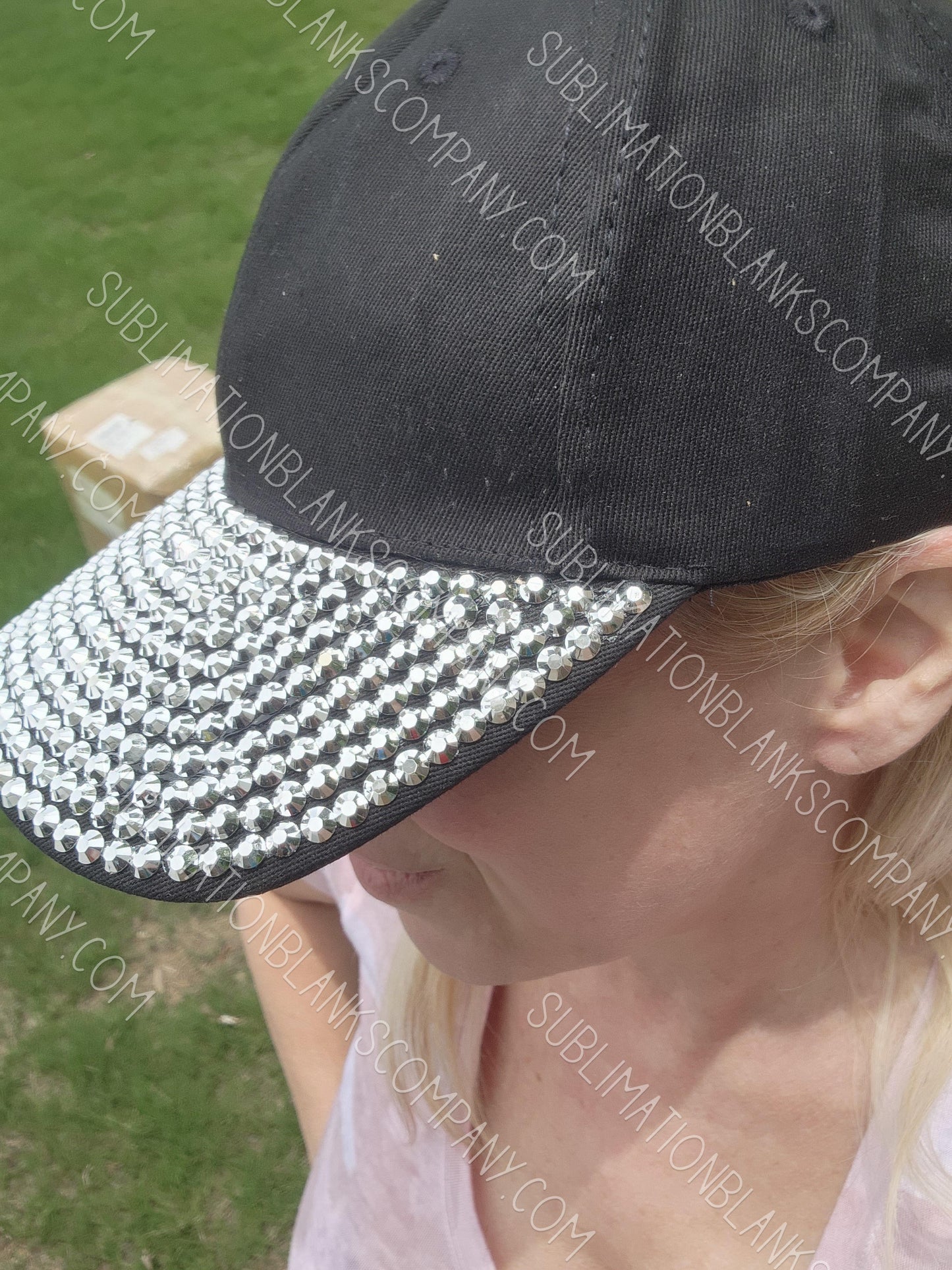 Structured Adjustable Rhinestone Black Hat Baseball Trucker Hat Cap with Slide Buckle