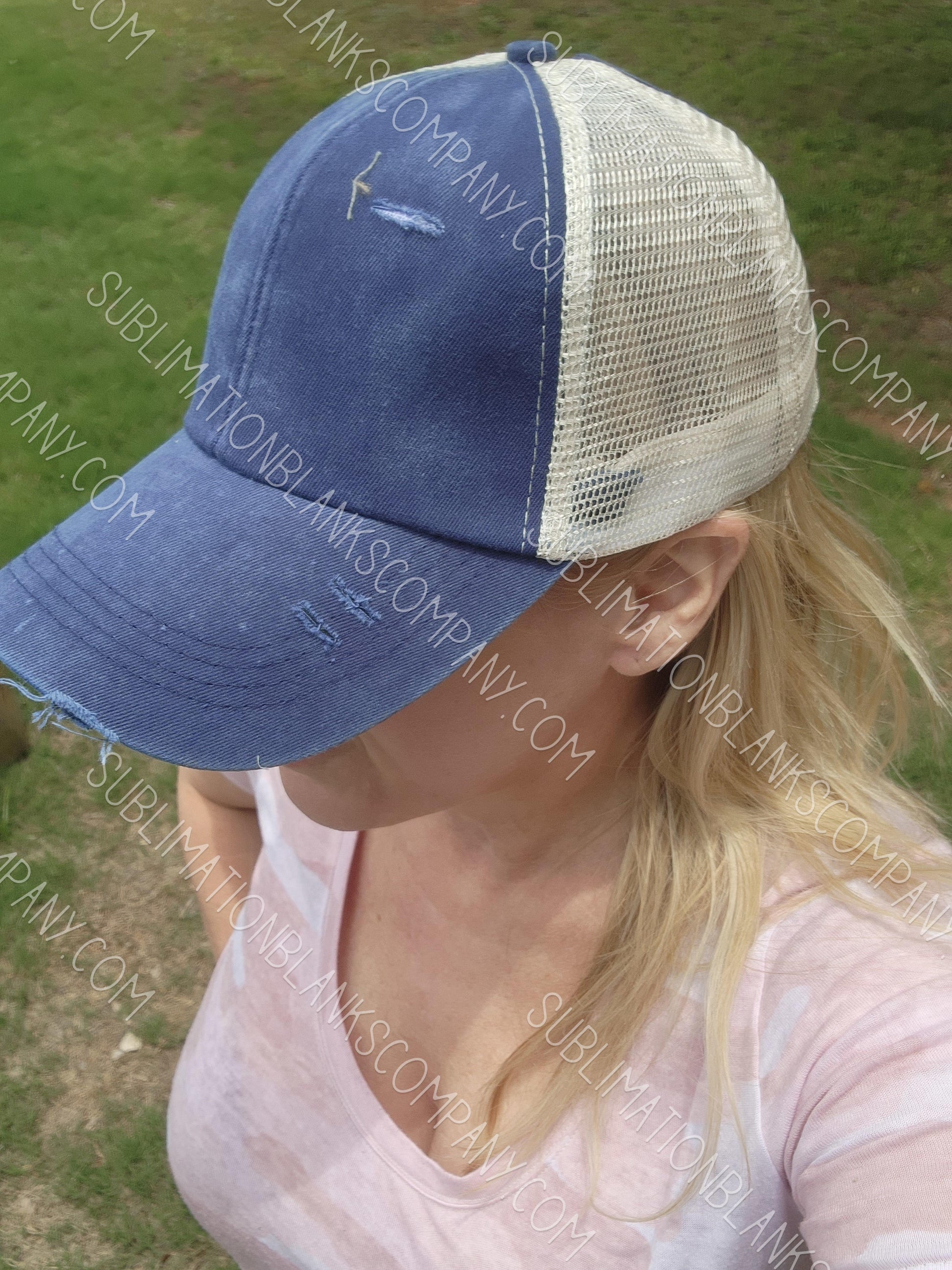 Structured Distressed Ponytail Criss Cross Back Baseball Trucker