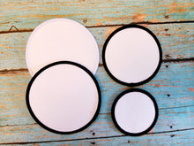 Load image into Gallery viewer, Round Hat Patch Sublimation Blank with Merrow White or Black Trim. Applique.
