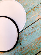 Load image into Gallery viewer, Round Hat Patch Sublimation Blank with Merrow White or Black Trim. Applique.
