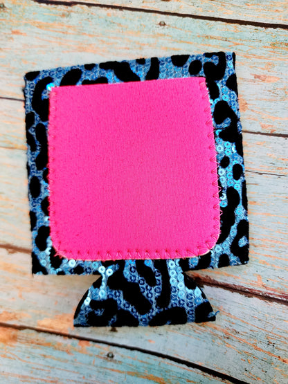 Blue/Black Leopard Sequin Neoprene Coozie with Pink Pocket Sublimation Blank! Can Cooler