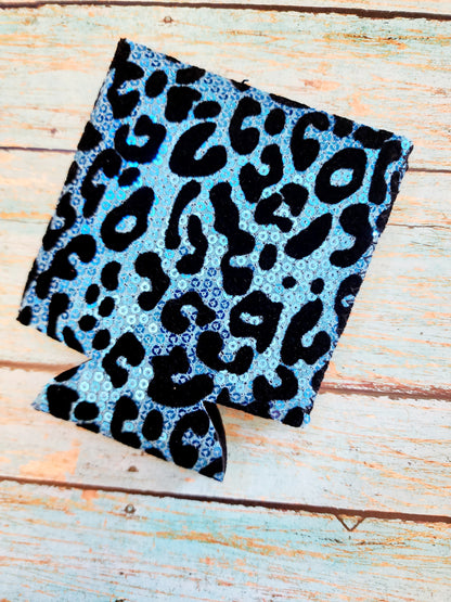 Blue/Black Leopard Sequin Neoprene Coozie with Pink Pocket Sublimation Blank! Can Cooler