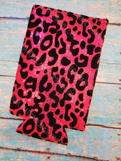 Pink and Leopard Sequin Neoprene Slim Can Coozie with Aqua Pocket Sublimation Blank! Can Cooler
