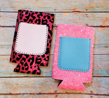 Load image into Gallery viewer, Pink and Leopard Sequin Neoprene Slim Can Coozie with Aqua Pocket Sublimation Blank! Can Cooler
