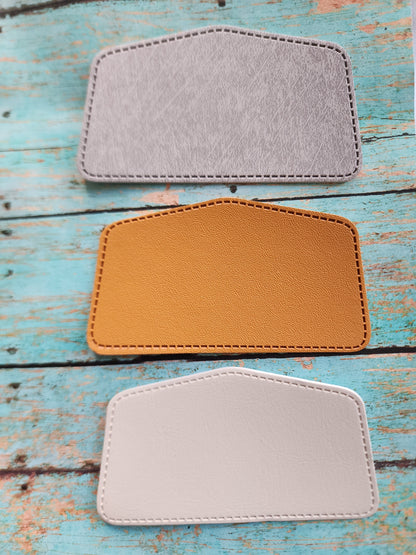 Half Hexagon Gray or Tan Faux Leather Hat Patch Sublimation Blank! PU Leather. Laserable!