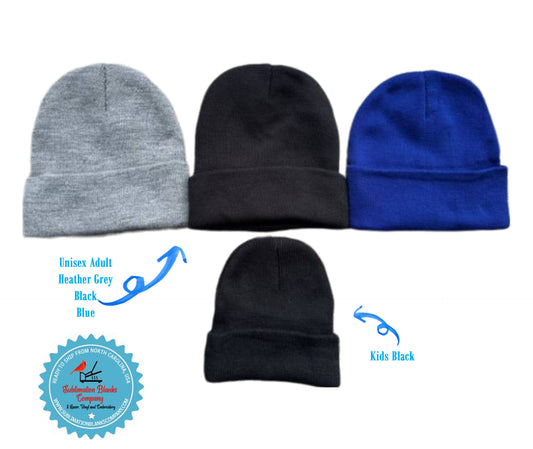 Adult and Kids Blank Beanie Hat Black, Grey, Blue! Perfect for Hat Patches.