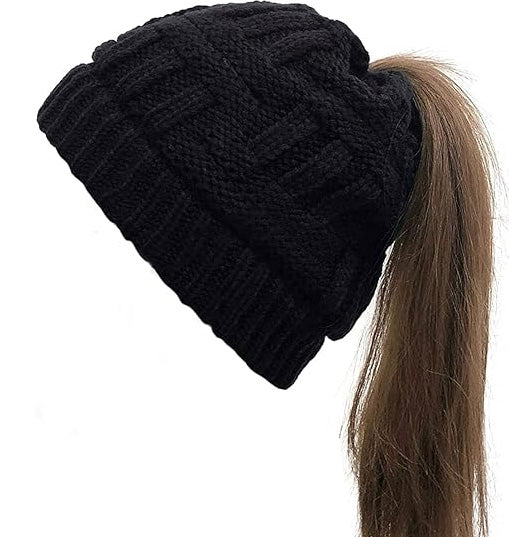 Adult Black Blank Knit Ponytail Beanie Hat. Perfect for Hat Patches.