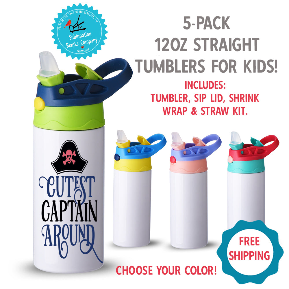 5-Pack Deal! 12 oz. STRAIGHT Sublimation Kids Sip Lid Tumblers [Not Tapered). FREE SHIPPING!