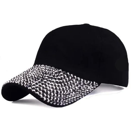 Structured Adjustable Rhinestone Black Hat Baseball Trucker Hat Cap with Slide Buckle